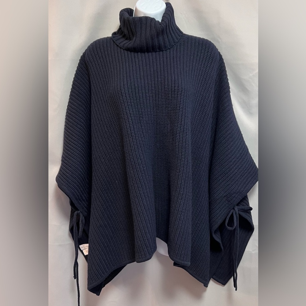 NWT Ann Taylor LOFT Navy Blue Ribbed Turtleneck Poncho Sweater Med- Large Petite
